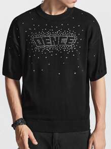 Manfinity EMRG Men's Short Sleeve Knitted Top With Simple Design And Rhinestone Decoration For Daily Wear