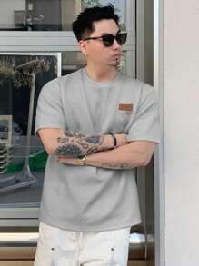 DAZY Men's Letter Adhesive Label Summer Round Neck Short Sleeve Casual T-Shirt - Grey - View 6