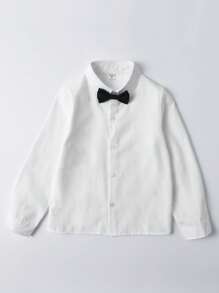 Young Boy Bow Tie Decorated Shirt + V-Neck Vest + Button-Down Long Sleeve Blazer + Suit Trousers Formal Outfit Set - Black - View 4