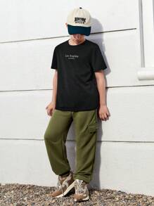 SHEIN Tween Boy Letter Graphic Tee & Flap Pocket Cargo Pants