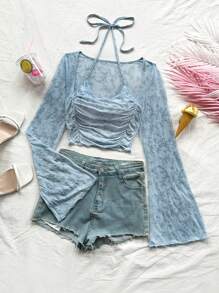 Soleia Áo crop top dài tay có dây đeo trong kỳ nghỉ dành cho nữ - Màu xanh lam - Xem 1
