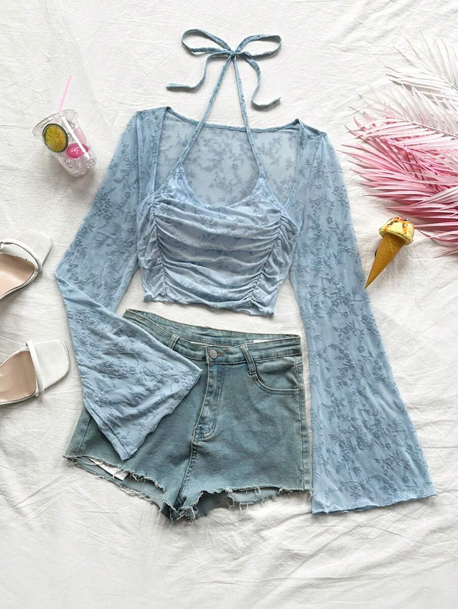 Soleia Áo crop top dài tay có dây đeo trong kỳ nghỉ dành cho nữ - Màu xanh lam - Xem 1