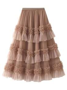 Chân váy hai màu viền xếp nếp nhiều lớp bằng vải tuyn - Màu Khaki - Xem 1