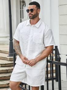 Manfinity Homme 男士大尺碼夏季休閒純色短袖鈕扣襯衫和短褲套裝 - 白色 - 查看 7