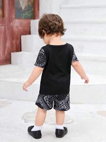 Baby Boy Paisley Scarf Print Tee & Shorts - Black - View 2