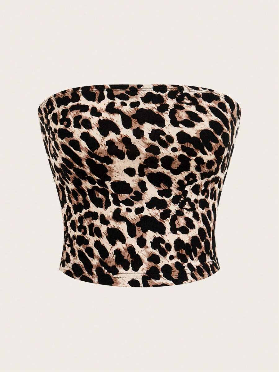 SHEIN EZwear Multicolored Leopard Print Strapless Top For Women - Khaki - View 1