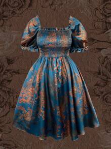 Celure 夏季加花印花帶蓬蓬袖和荷葉邊修飾的洋裝