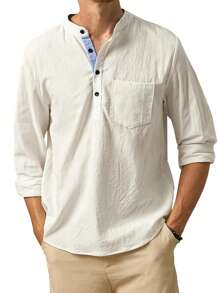 男士春夏款鈕扣半開襟口袋休閒長袖襯衫 - 白色 - 查看 1