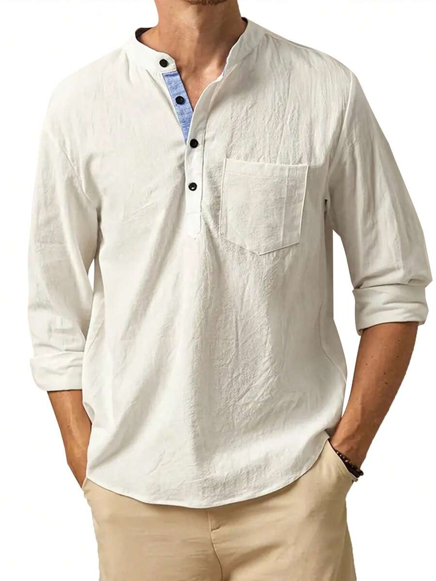 男士春夏款鈕扣半開襟口袋休閒長袖襯衫 - 白色 - 查看 1