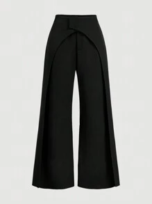 SHEIN Privé Women's Solid Color Simple Everyday Long Pants - Black - View 8