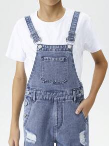 Tween Boys' Street Style Ripped Patchwork Denim Overalls - Medium Wash - View 3