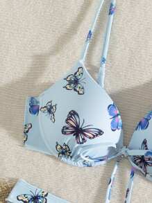 SHEIN Swim Ensemble de bikini sexy avant noué imprimé papillon pour femme pour été à la plage - Bleu azur - Voir 3