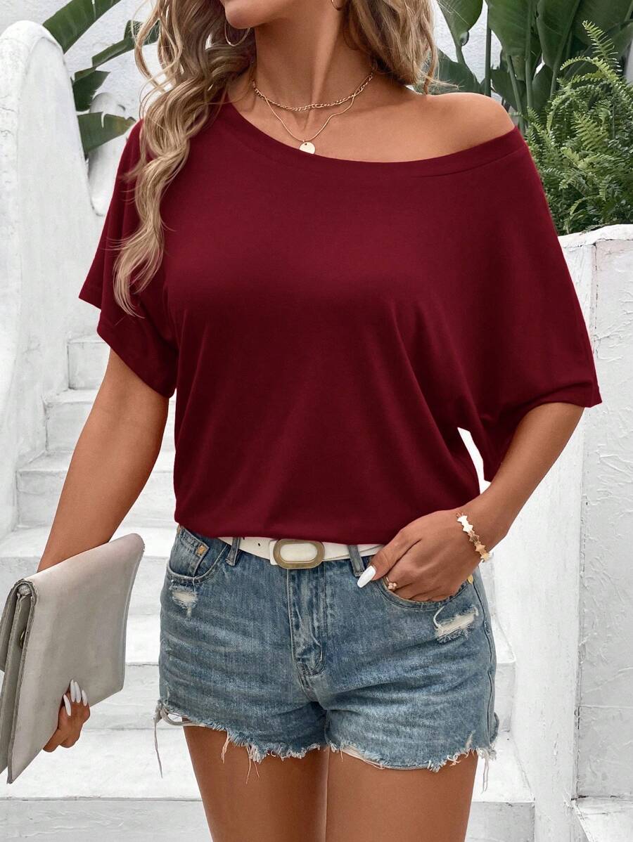 SHEIN LUNE 女款夏季純色不對稱領蝙蝠短袖寬鬆休閒T恤 - 乾枯玫瑰色 - 查看 1