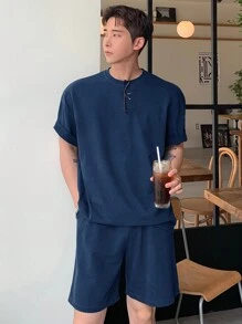 DAZY 男士纯色圆领短袖休闲T恤和短裤套装，夏季舒适服装 - 藏蓝色 - 查看 3
