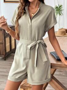 Chiquease Jumpsuit một bên tay áo kiểu dáng đẹp, túi lớn, thời trang và thanh lịch, màu trơn - Màu Khaki - Xem 5