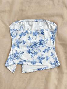 Soleia Blau-Weiß bedrucktes Urlaubs-Bandeau-Top für Damen mit Schlitz - Blau-Weiß - Übersicht 2