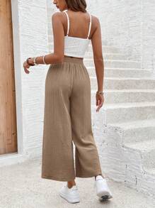 SHEIN Frenchy Top corto de tirantes con encaje y pantalones anchos de pierna para vacaciones de verano - Camel - Ver 2