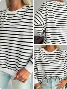 EURMUSE 100%Cotton Striped Print Drop Shoulder Sweatshirt - Black and White - View 9