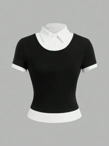 SHEIN EZwear T-shirt 2 en 1 mince pour femmes avec col rabattu et manches courtes en blocs de couleurs pour l'été - Noir et Blanc - Voir 7