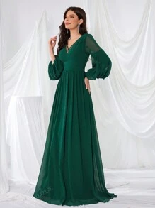 UNITHORSE Front And Back V-Neck Bell Sleeve Lantern Dress Formal Dress Bridesmaid Dress