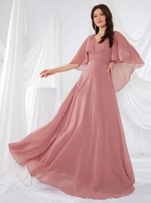 UNITHORSE Batwing Sleeve V-Neckline Pressed Pleats Chiffon Dress With Waist Detailing Bridesmaid Dress - Dusty Pink - View 6