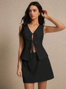 Poéselle Damen Sommer Set aus einfarbiger Frontbindungs Weste und Rock, lässiges Zweiteiler Set, Hochzeit Frauenkleid Set, Abschlusskleidung, Street Wear, kurzes Kleid mit Weste Anzug, kurzes Frauen Set - Schwarz - Übersicht 1