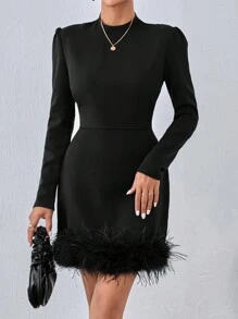 EURMUSE Solid Color Women's Slim Fit Dress With Fringe Hem - Black - View 3