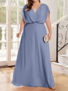 SHEIN Belle Elegant Plus Size Bridesmaid Dress With A Slouchy Drop Shoulder Neckline - Dusty Blue - View 1