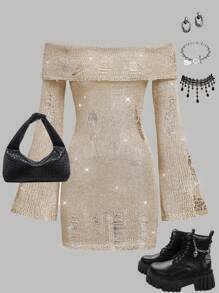 SHEIN Teen Girls Khaki Sequin Knitted Dress With Hollow-Out Long Sleeves And Off Shoulder, - Khaki - View 1