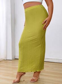 SHEIN Essnce Plus Váy bút chì cạp cao họa tiết rắn cho mùa hè - màu xanh lá - Xem 5