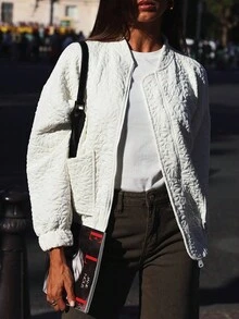 CILKOO Women's Floral Embossed Casual Loose Fit Bomber Jacket - White - View 7