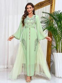 Váy dự tiệc Ả Rập dài tay bằng vải tuyn đính đá màu xanh lá cây cho nữ, váy Abaya sang trọng, váy kín đáo - màu xanh lá - Xem 3