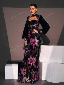 Women's Long Sleeve Prom Dress With Random Print, Black Elegant Formal Evening Wedding Guest Gown, For Graduation, Dinner Party Dress