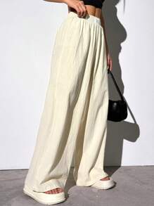 SHEIN EZwear Quần âu nữ ống rộng dệt màu mơ - Màu be - Xem 4