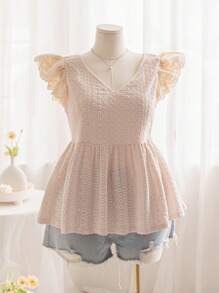 Soleia Casual Resort Beige Backless Knotted Small Cap Sleeves Plus Size Top - Apricot - View 1