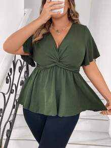 Franclia Blusa de verano de talla grande para mujer con mangas campana de manga corta y cuello en V, top con volantes