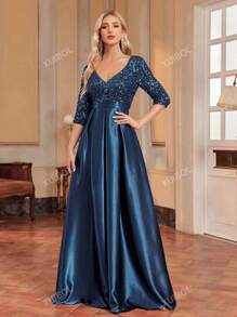 Vrouwen V-hals Lange Sequin Formele Jurk (Zware Decoratie) Elegante Lange Mouw Prom Avond Bruiloft Gast Jurk, Voor Afstuderen, Diner Feest Jurk