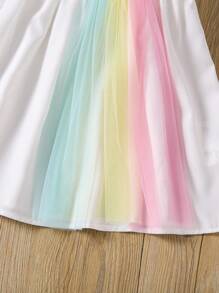 SHEIN Young Girl's Colorful Mesh Rainbow Pattern Cap Sleeve Dress, Summer Vacation Rainbow Dress For Young Girl