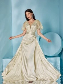 Lace Floral Patterned Sleeves, Sequined Satin Dress - Apricot - View 2