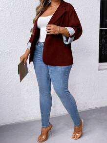 SHEIN LUNE Plus Roll Tab Sleeve Single Button Blazer - Burgundy - View 3
