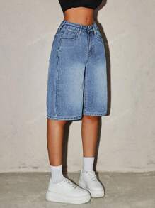 Manon Tanti Pantaloncini di jeans larghi e morbidi da donna con tasche, lunghezza al ginocchio