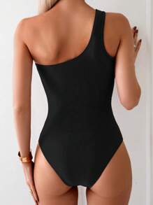 Swim Chiccia 女士纯色单肩无袖褶皱休闲连体泳衣，非常适合夏季度假 - 黑色 - 查看 2