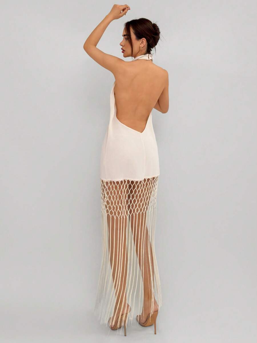 Aloruh Ladies' Apricot Sleeveless Fringed Hem Dress - Apricot - View 1