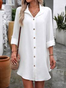 EMERY ROSE Giải trí Màu thuần Áo sơ mi Với Nhỏ bé Đứng cổ áo , Vạt váy nút , Và Tay áo dài - trắng - Xem 5