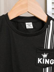 SHEIN Baby Boy Black Color Fall Fashion Two-Piece Set With Color Block Decorative Weave Tape, Soft Knitted Crewneck Short Sleeve Top And Long Pants, Suitable For Daily Casual And Outdoor Activities