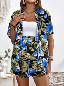 SHEIN 孕妇夏季度假热带印花和服和短裤 - 彩色 - 查看 5