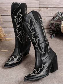 2024年秋冬新款女款黑色尖頭西靴，粗跟，刺繡細節，中筒，戶外流行，牛仔靴 - 黑色 - 查看 5