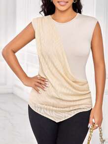 SHEIN Lady 夏季杏色纹理女式背心，不对称下摆，修身复古风格，适合音乐会等场合穿着。 - 杏色 - 查看 1