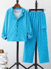 SHEIN Tween Boys Leopard Jacquard Lapel Neck Shirt & Pants For Spring & Autumn - Blue - View 4