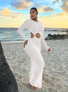 SHEIN SXY Vestido de playa atractivo para mujer, ropa de playa, trajes de mujer para vacaciones en la playa, ropa transparente en color albaricoque, vestido largo de playa - Blanco - Ver 4